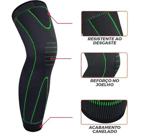 Detalhes da joelheira FlexMove: tecido resistente ao desgaste, reforço no joelho e acabamento canelado