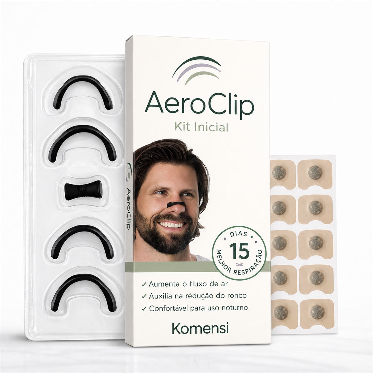 Kit inicial AeroClip com dilatadores nasais magnéticos, aplicador e adesivos