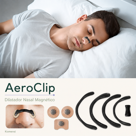 Homem usando o dilatador nasal magnético AeroClip e componentes do kit