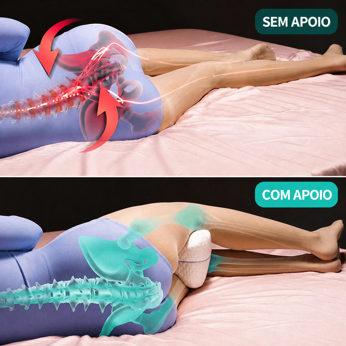 Comparativo ilustrativo do alinhamento corporal com e sem o travesseiro Entrela