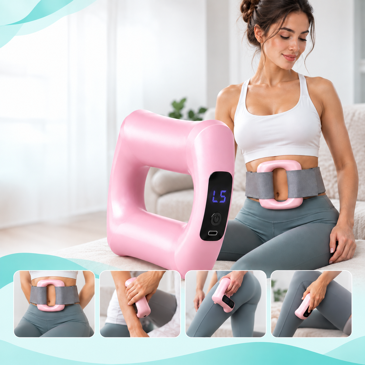 Anel de massagem corporal BodyShape rosa com cinto ajustável sendo usado na região abdominal