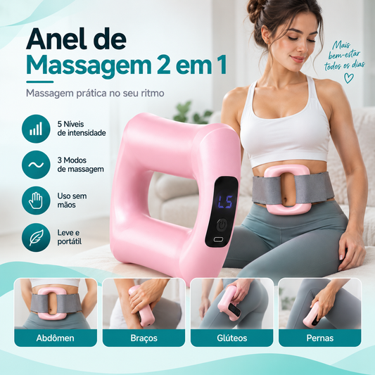 Anel de massagem BodyShape 2 em 1 sendo usado no abdômen, braços, glúteos e pernas