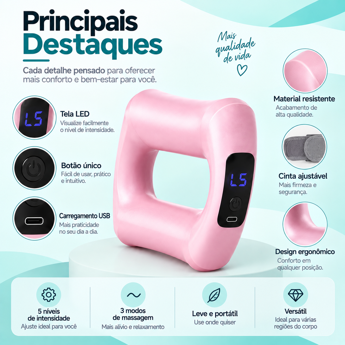 Principais destaques do anel de massagem BodyShape: tela LED, botão único, carregamento USB, material resistente, cinta ajustável e design ergonômico
