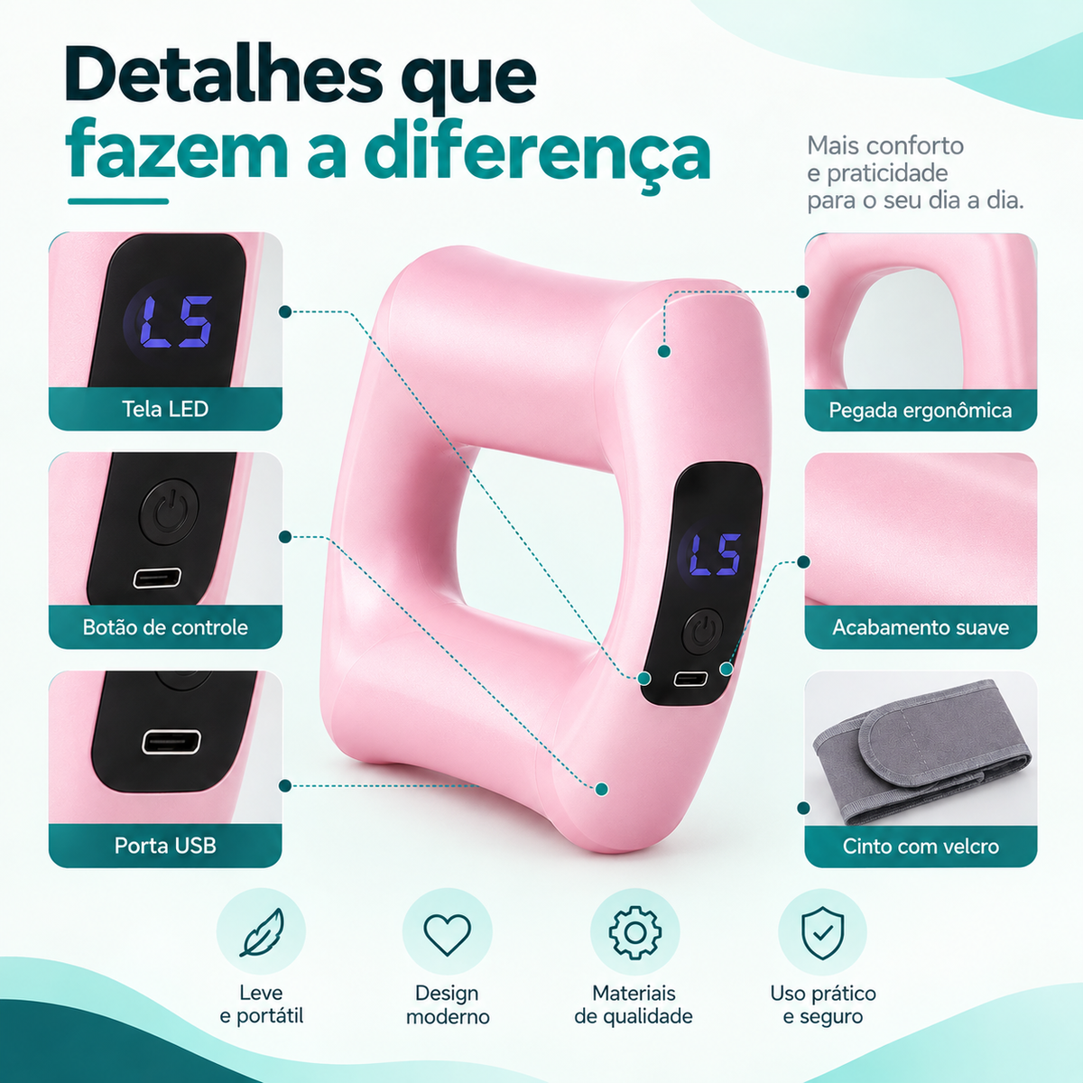 Detalhes do anel de massagem BodyShape: tela LED, botão de controle, porta USB, pegada ergonômica, acabamento suave e cinto com velcro