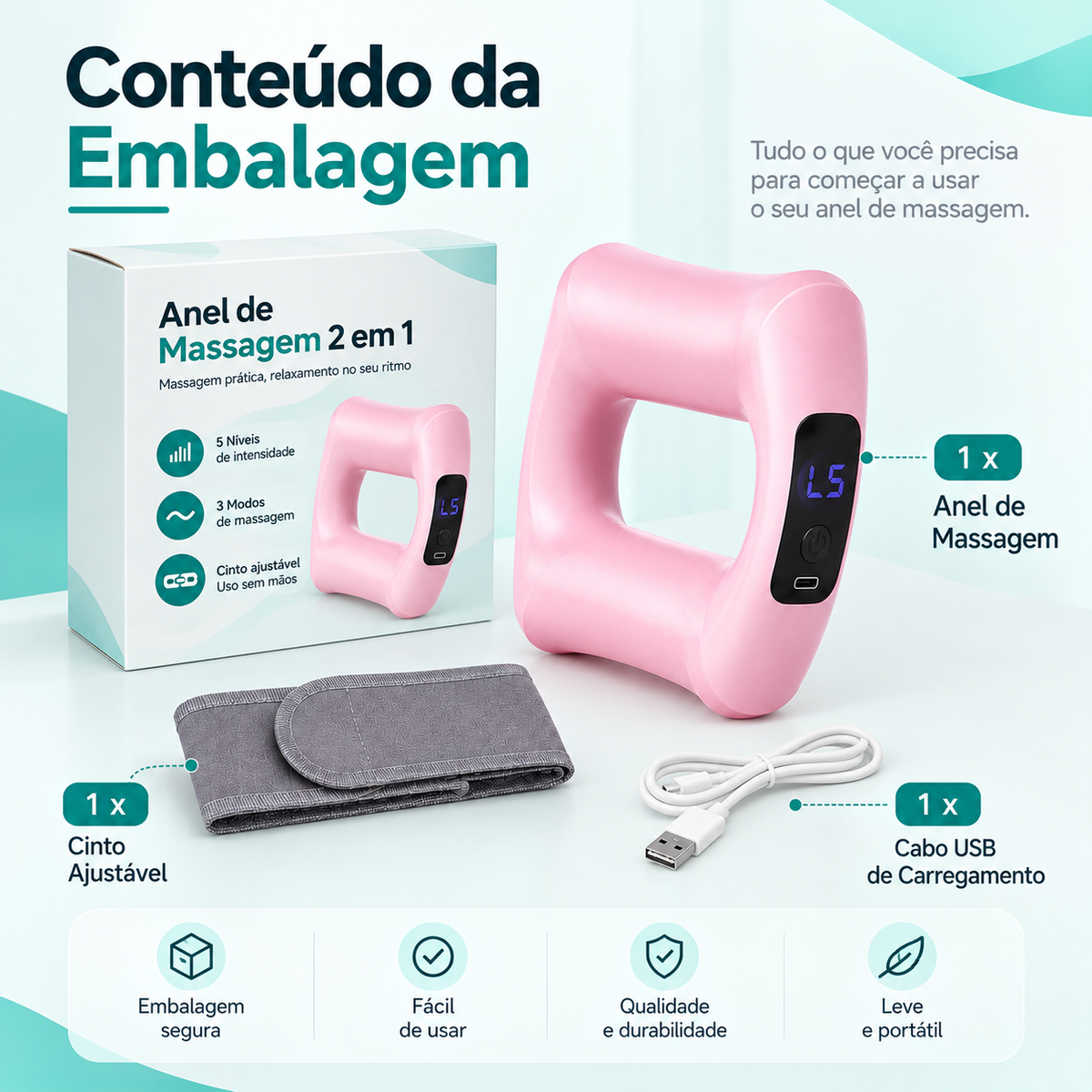 Conteúdo da embalagem do anel de massagem BodyShape: anel de massagem, cinto ajustável e cabo USB de carregamento