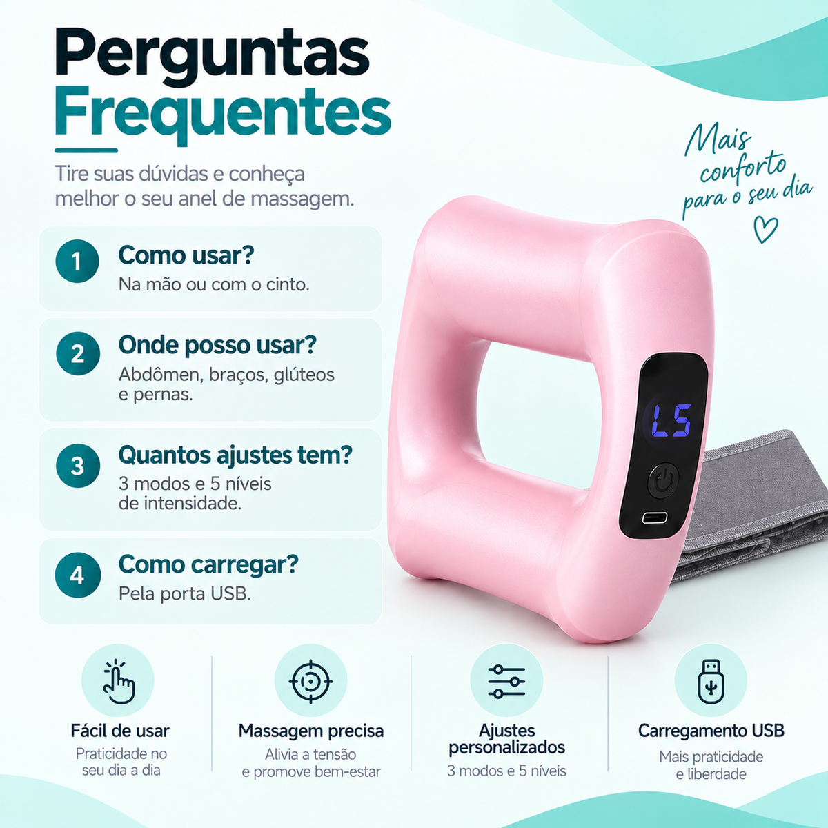 Perguntas frequentes sobre o anel de massagem BodyShape: como usar, onde usar, ajustes e carregamento