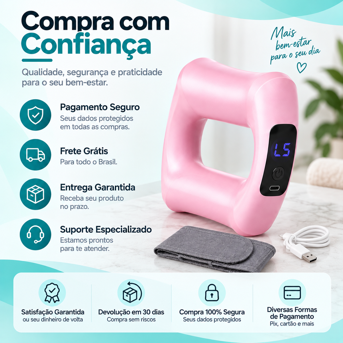 Selo de compra com confiança do anel de massagem BodyShape: pagamento seguro, frete grátis, entrega garantida e suporte especializado