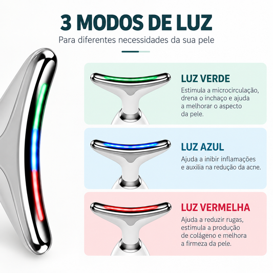 FaceMassager - 3 modos de luz: verde, azul e vermelha para diferentes necessidades da pele