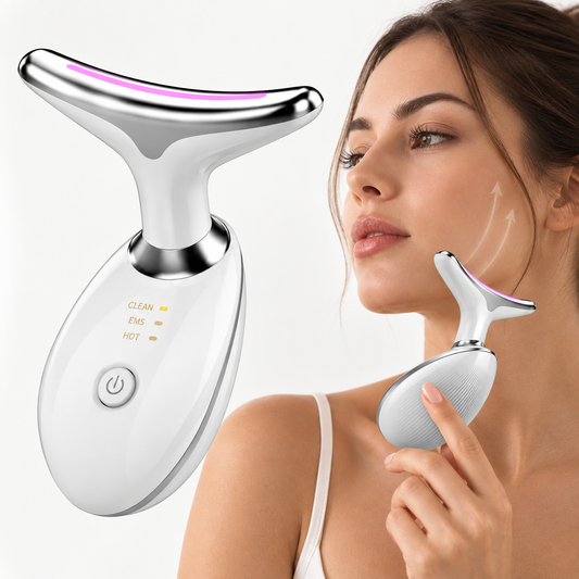 Massageador facial FaceMassager sendo usado no pescoço