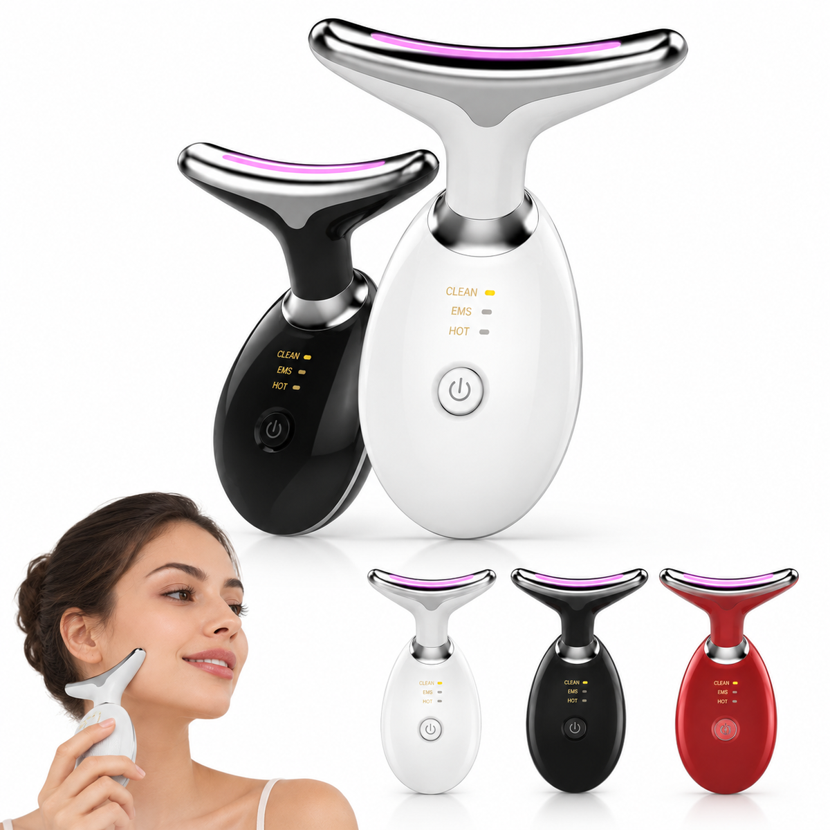 FaceMassager nas cores branco, preto e vermelho