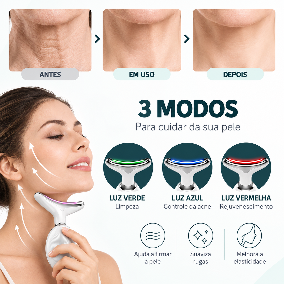 FaceMassager - 3 modos de luz e benefícios: firma a pele, suaviza rugas e melhora a elasticidade