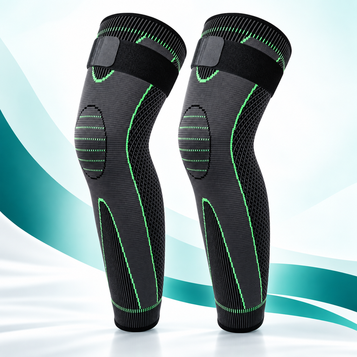 Par de joelheiras de compressão longas FlexMove pretas com detalhes verdes e faixa de ajuste