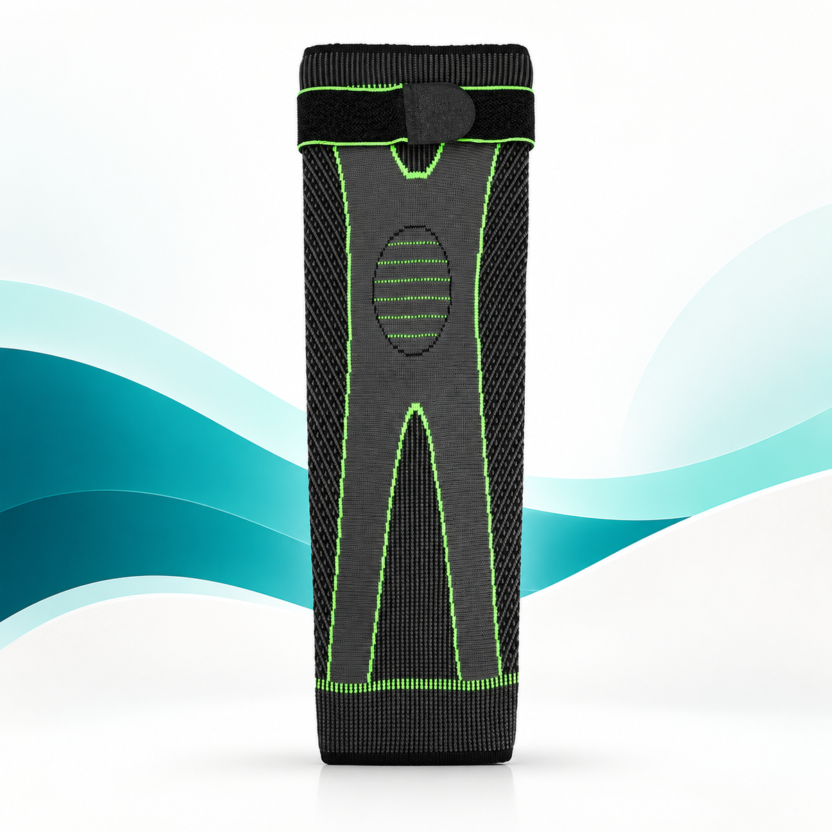Joelheira FlexMove vista de frente, estendida, com faixa de velcro na parte superior