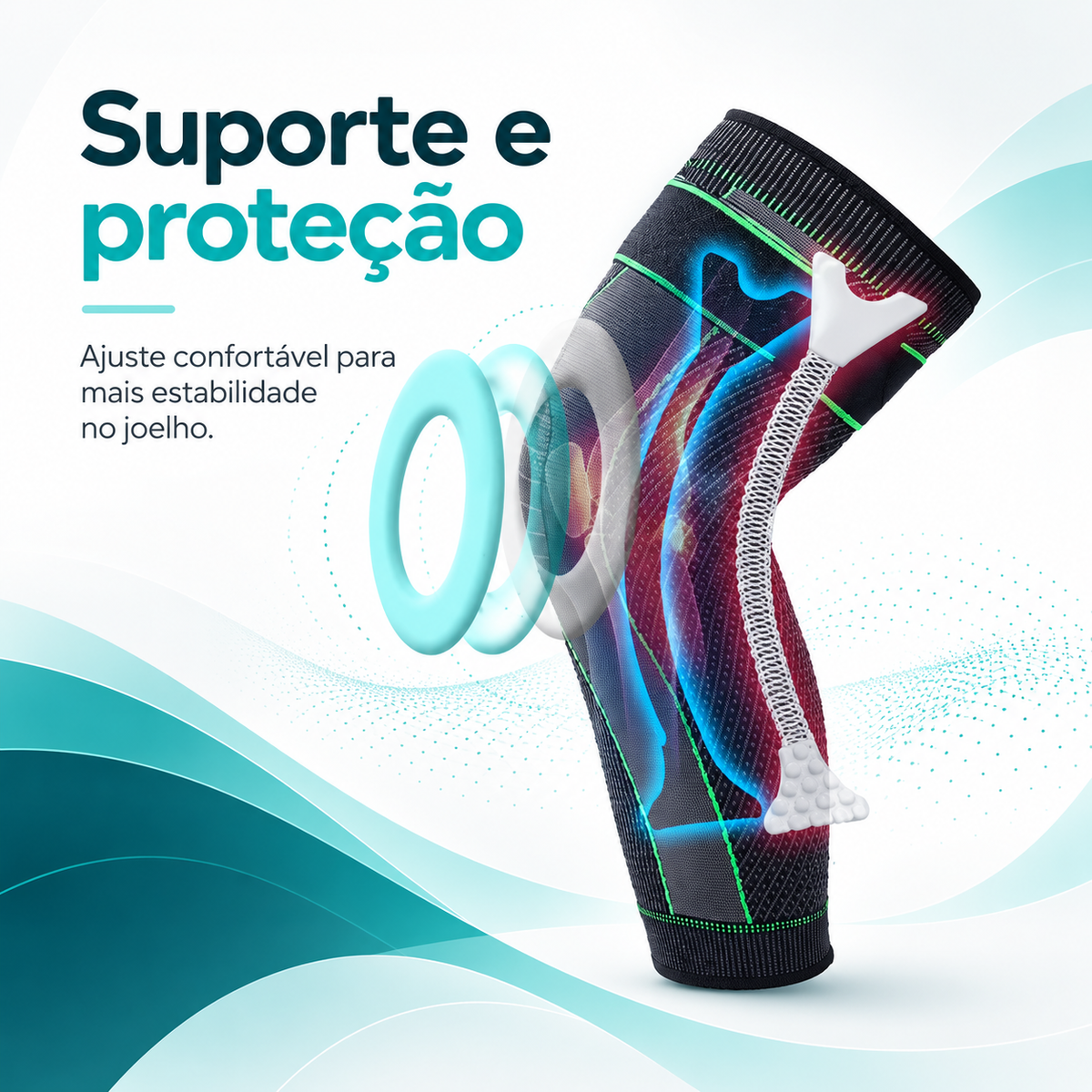 Estrutura interna da joelheira FlexMove: anel de silicone na patela e hastes laterais para suporte e proteção