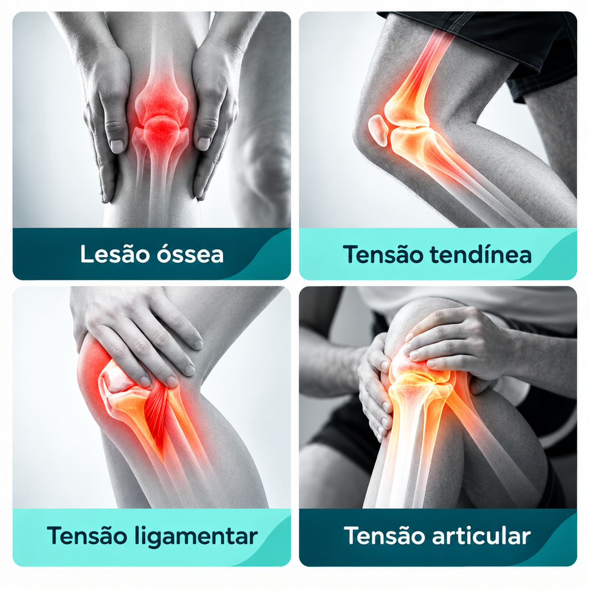 Regiões do joelho em que a joelheira FlexMove oferece suporte: ossos, tendões, ligamentos e articulação