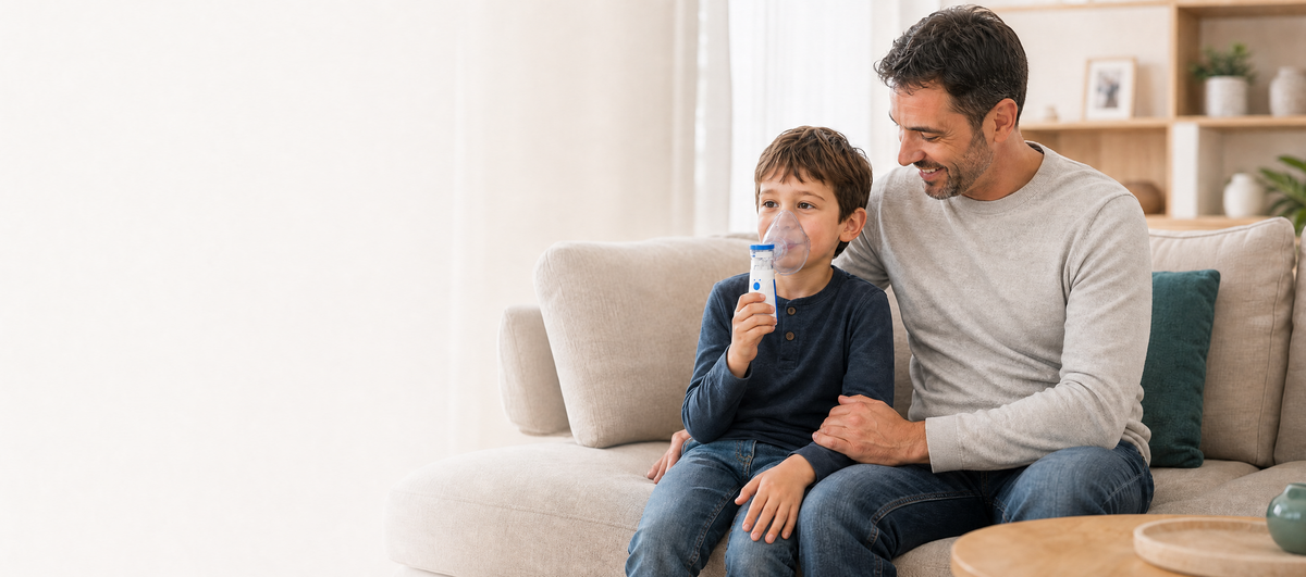 Pai acompanhando o filho durante o uso do nebulizador portátil NebuGo