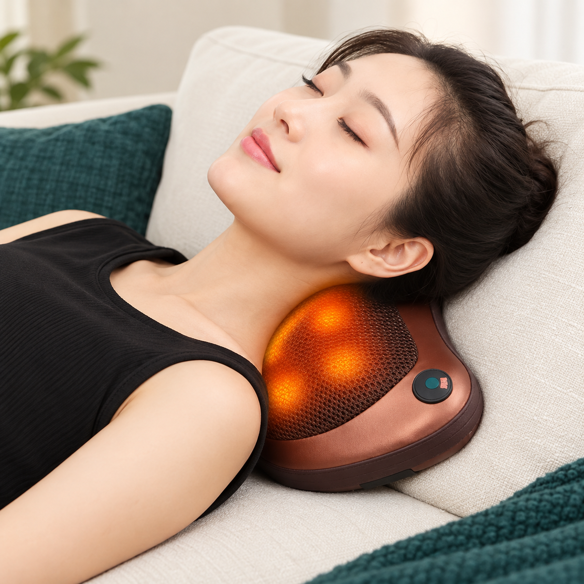 Mulher relaxando no sofá usando a almofada massageadora Lumera no pescoço