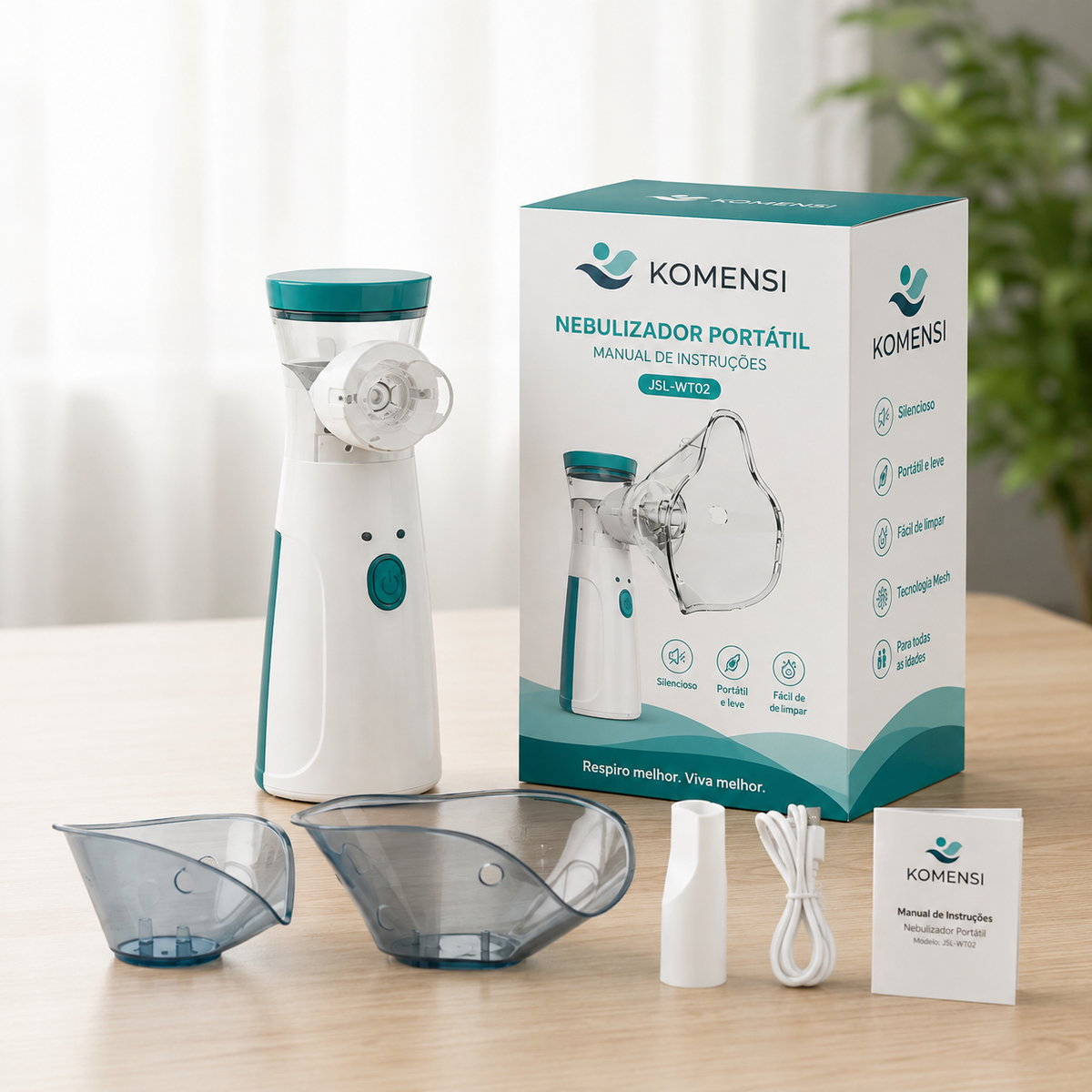 Kit completo do nebulizador portátil NebuGo com embalagem, máscaras, cabo e acessórios