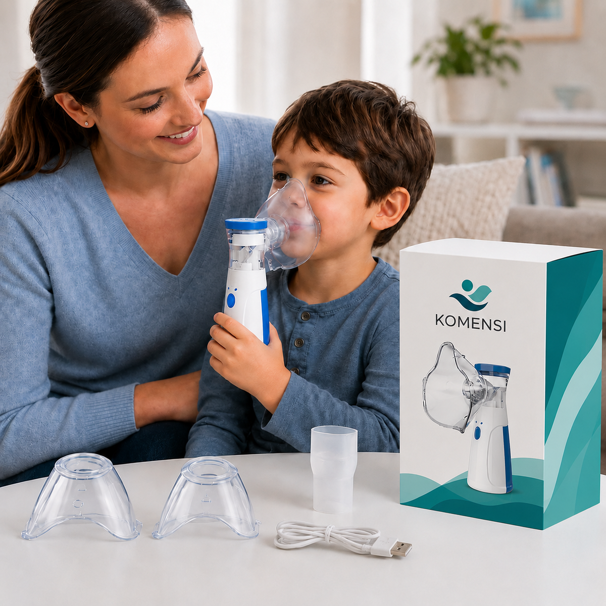 Criança utilizando o nebulizador portátil NebuGo acompanhada por um adulto