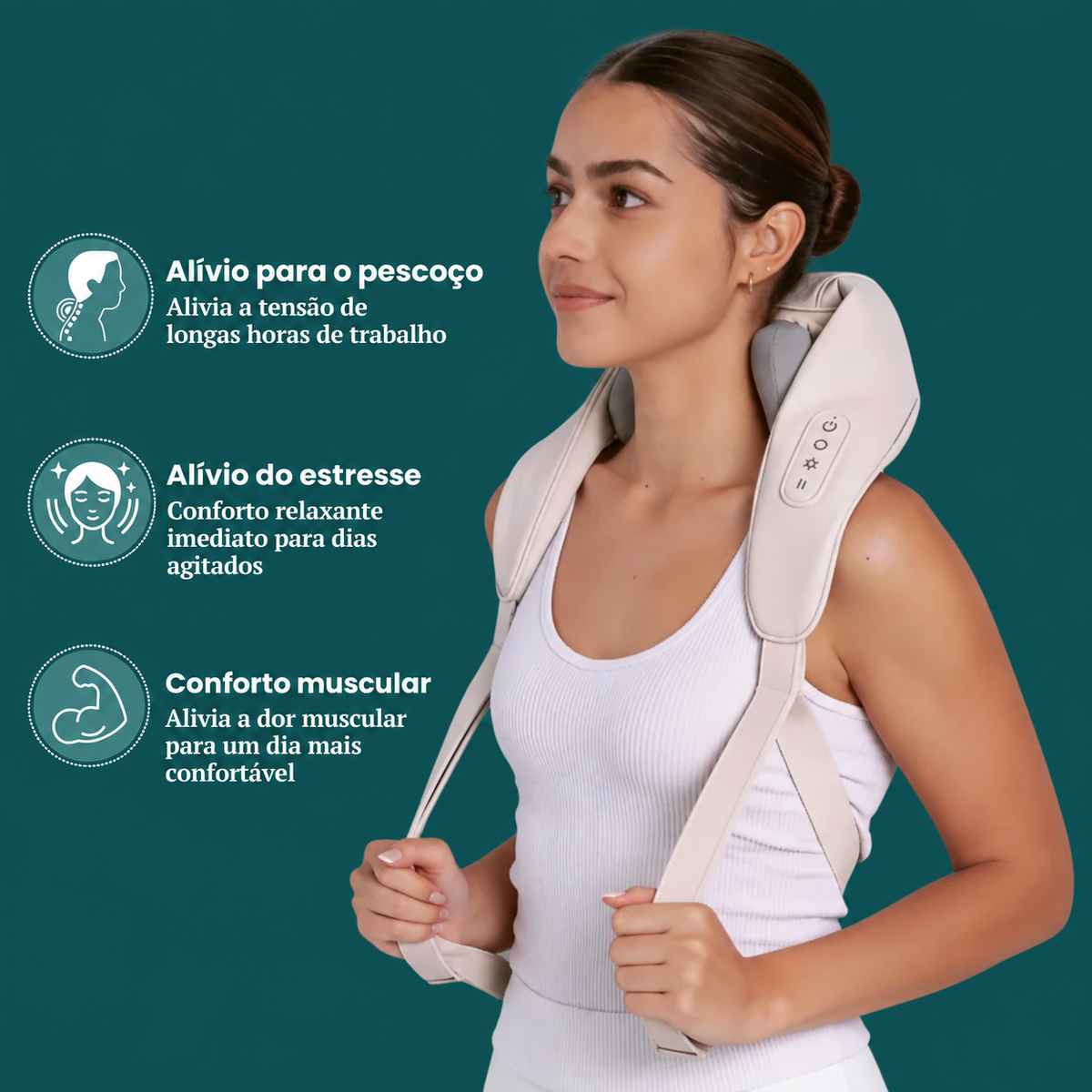 Mulher usando o massageador Ombria para alívio do pescoço e ombros