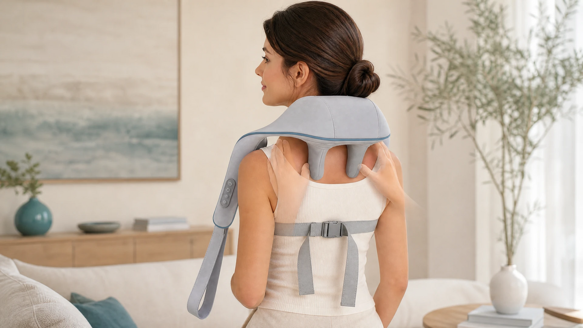 Mulher usando o massageador Ombria, com sobreposição ilustrativa de mãos na região dos ombros
