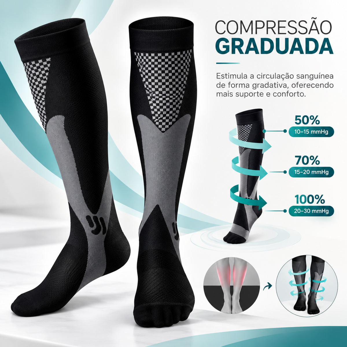 Meia de compressão PasseLeve com compressão graduada de até 20-30 mmHg