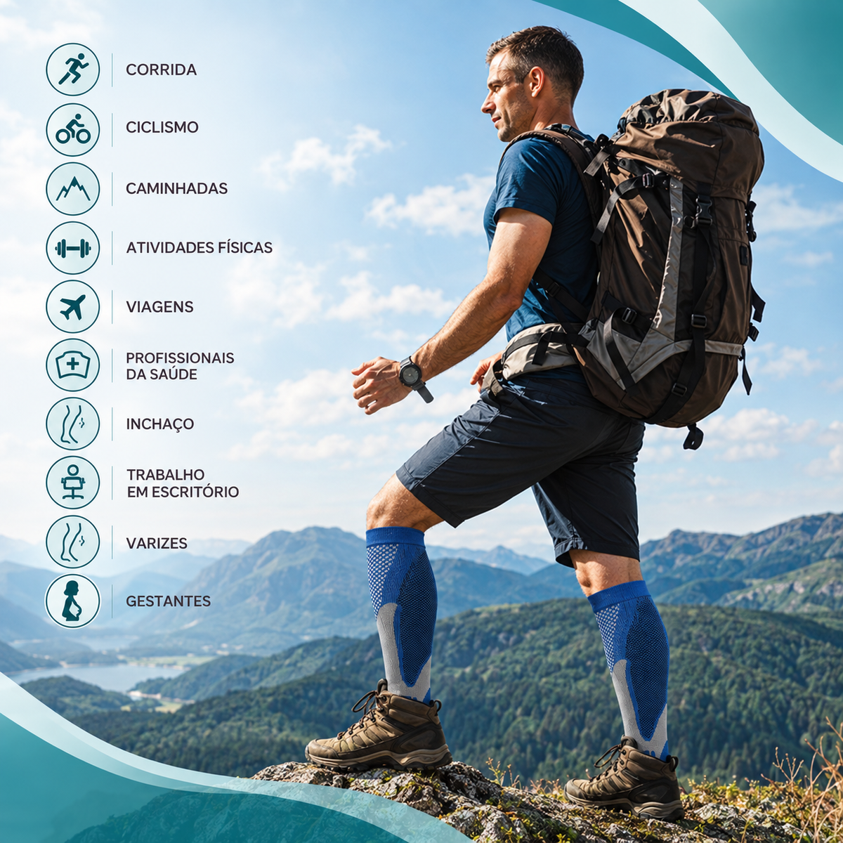Indicações da meia de compressão PasseLeve: corrida, ciclismo, caminhadas, viagens, trabalho e gestantes