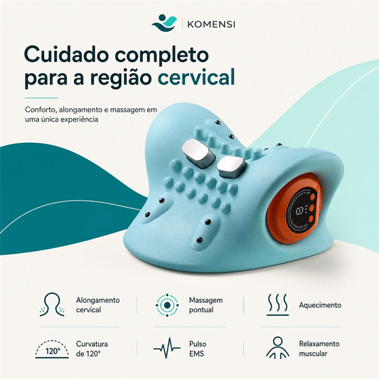 Massageador cervical RelaxPleno com benefícios de alongamento, aquecimento, pulso EMS e massagem