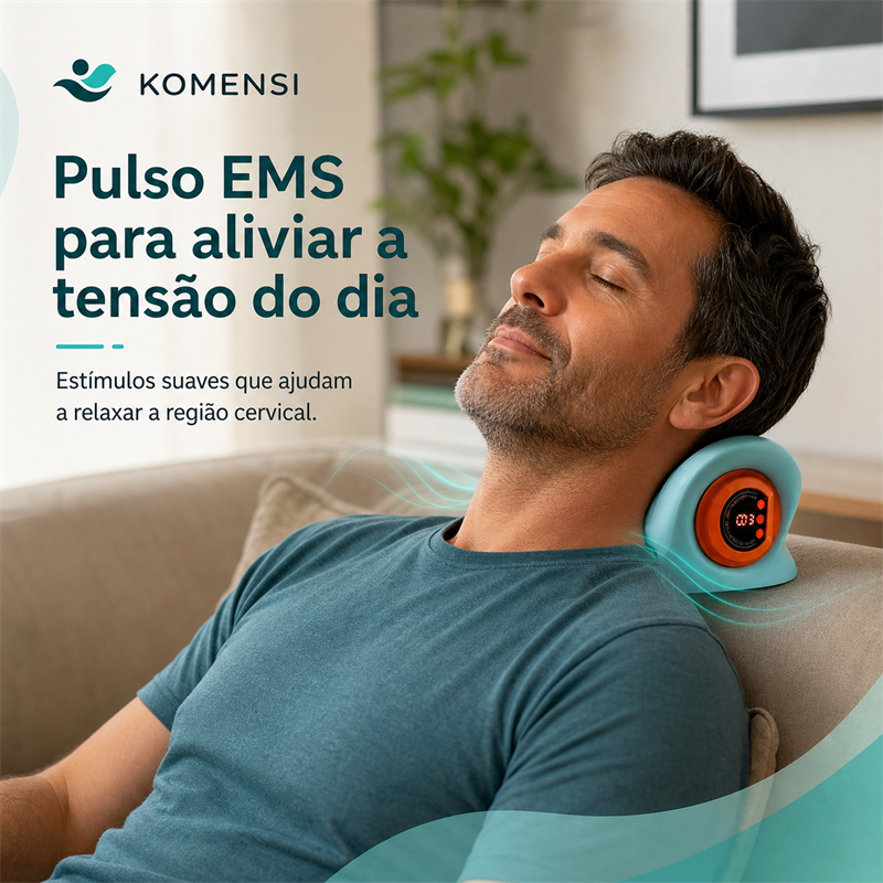 Homem usando o massageador cervical RelaxPleno com pulso EMS para relaxamento da região cervical