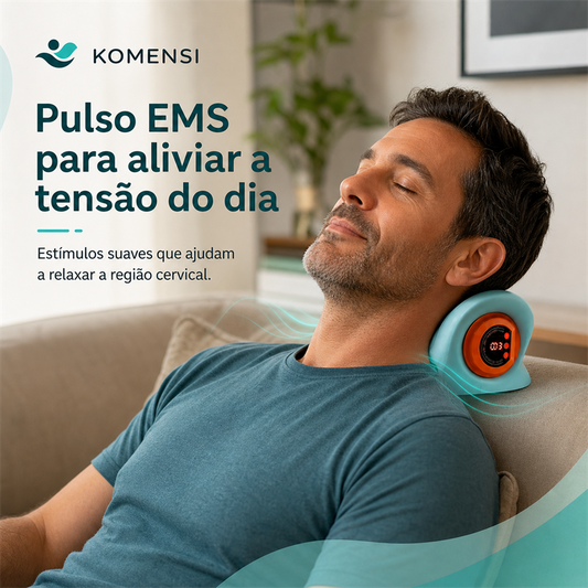 Homem usando o massageador cervical RelaxPleno com pulso EMS para relaxamento da região cervical