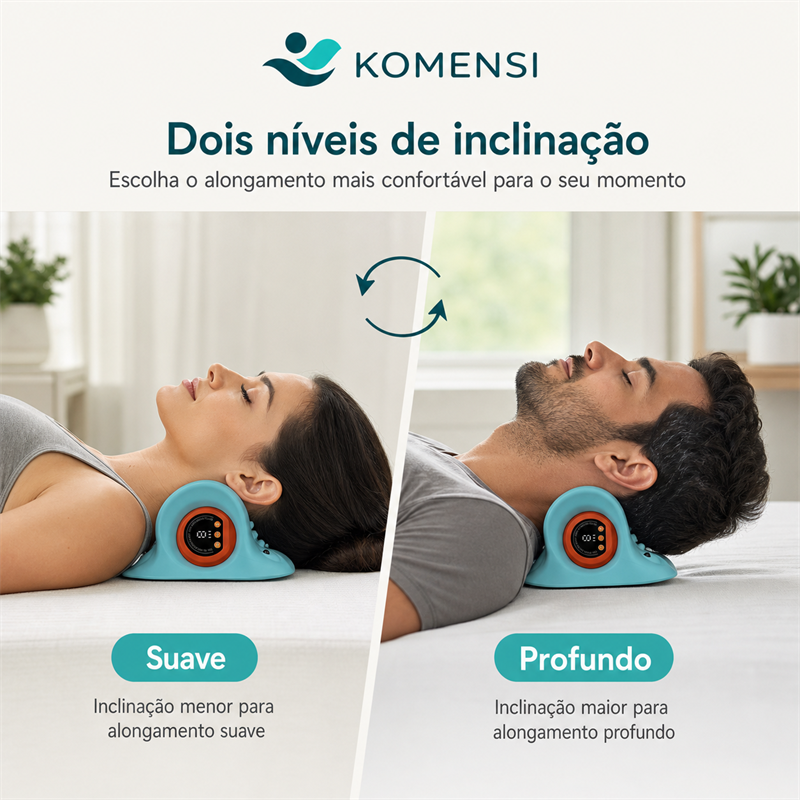 Mulher e homem usando os dois níveis de inclinação do massageador cervical RelaxPleno