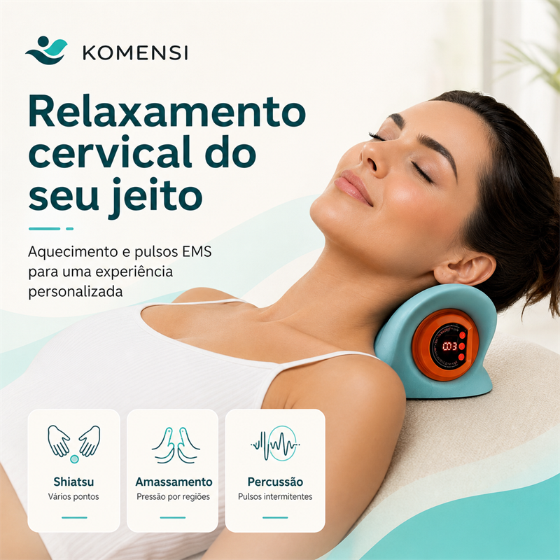 Mulher usando o massageador cervical RelaxPleno com modos shiatsu, amassamento e percussão