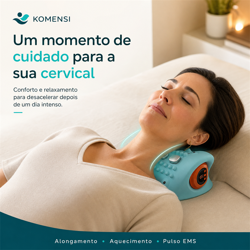 Mulher usando o massageador cervical RelaxPleno para conforto e relaxamento após um dia intenso