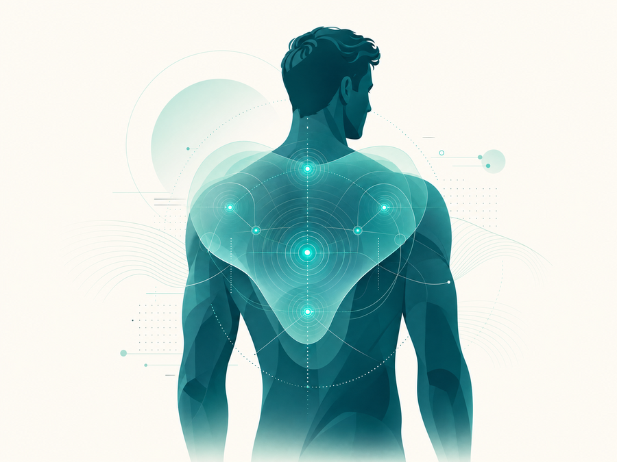Ilustração tecnológica destacando pontos de massagem nas costas