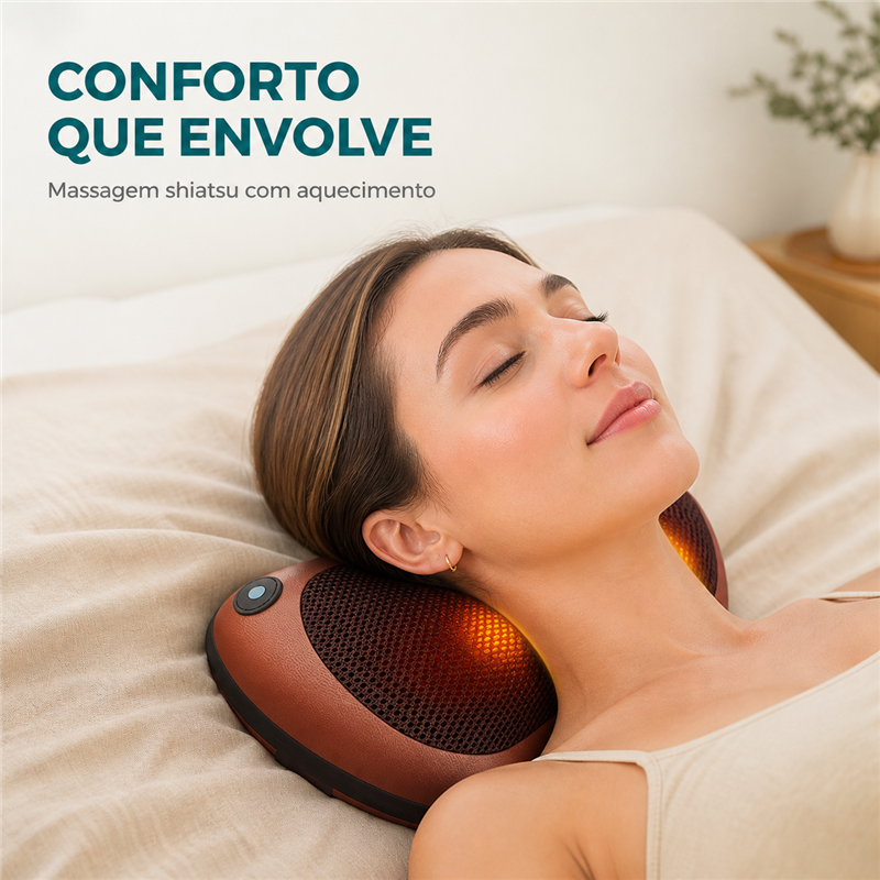 Mulher usando a almofada Lumera com massagem shiatsu e aquecimento no pescoço