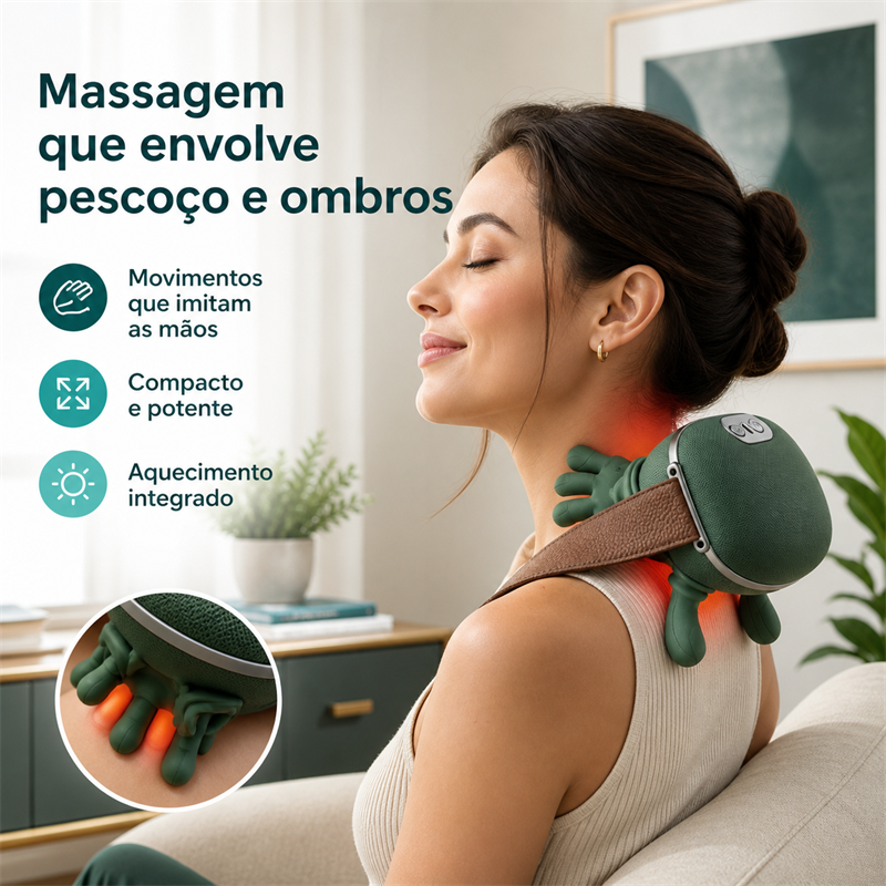 Mulher usando o MobiTouch com aquecimento no pescoço e nos ombros