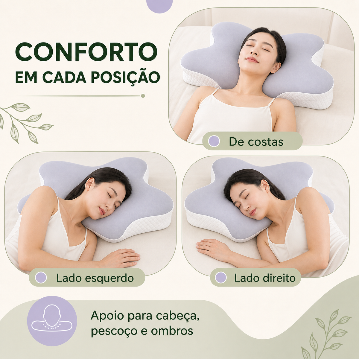 Posições para dormir de costas e de lado usando o travesseiro cervical Nuvora