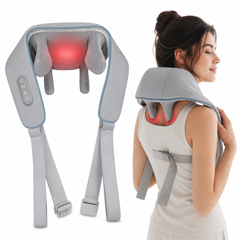 Massageador de pescoço e ombros Ombria completo e modelo demonstrando o uso