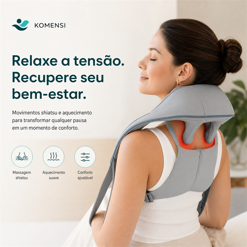Mulher usando o massageador Ombria com massagem shiatsu e aquecimento no pescoço