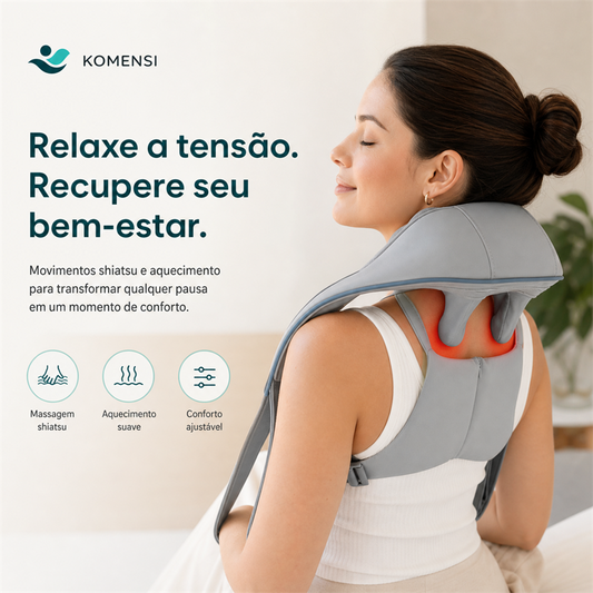 Mulher usando o massageador Ombria com massagem shiatsu e aquecimento no pescoço