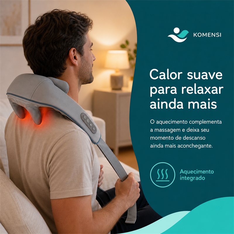 Homem usando o massageador Ombria com aquecimento integrado nos ombros