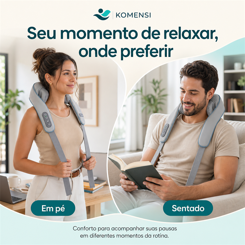 Massageador Ombria usado em pé e sentado durante momentos de relaxamento