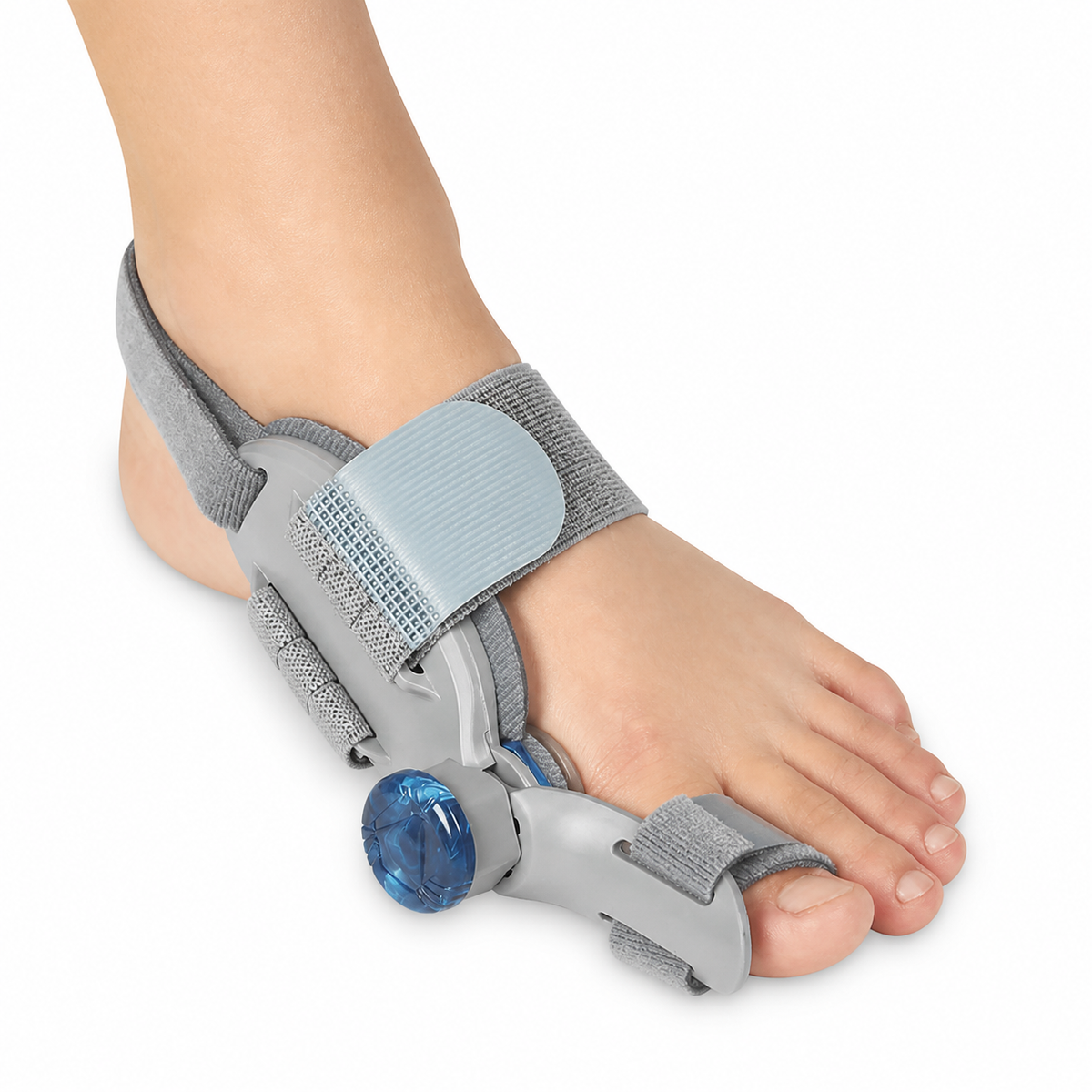 Corretor ajustável StepForm instalado no pé com estrutura cinza e botão azul